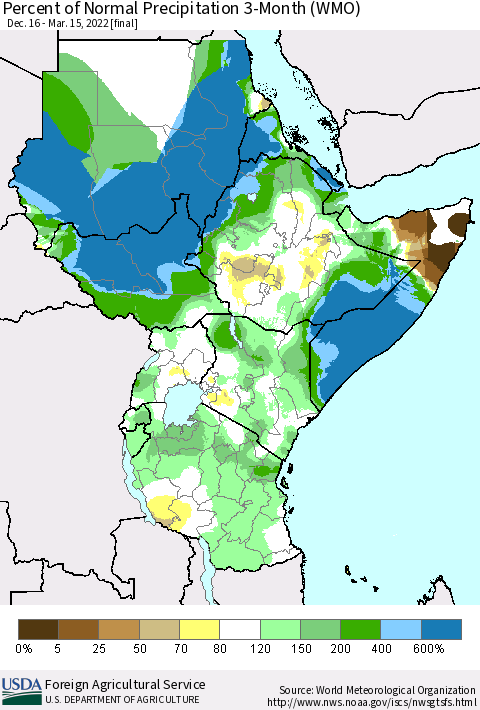 Eastern Africa Percent of Normal Precipitation 3-Month (WMO) Thematic Map For 12/16/2021 - 3/15/2022