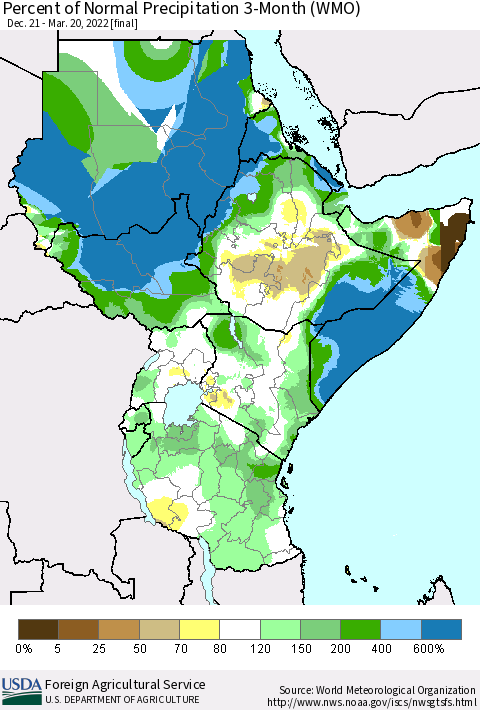 Eastern Africa Percent of Normal Precipitation 3-Month (WMO) Thematic Map For 12/21/2021 - 3/20/2022