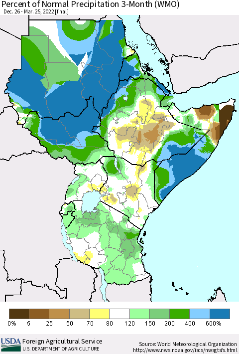 Eastern Africa Percent of Normal Precipitation 3-Month (WMO) Thematic Map For 12/26/2021 - 3/25/2022