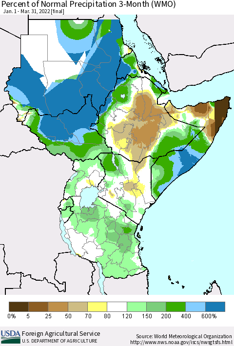Eastern Africa Percent of Normal Precipitation 3-Month (WMO) Thematic Map For 1/1/2022 - 3/31/2022