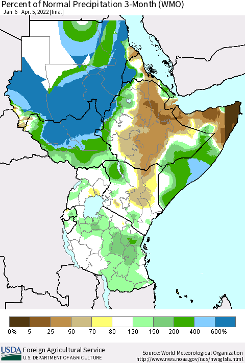 Eastern Africa Percent of Normal Precipitation 3-Month (WMO) Thematic Map For 1/6/2022 - 4/5/2022