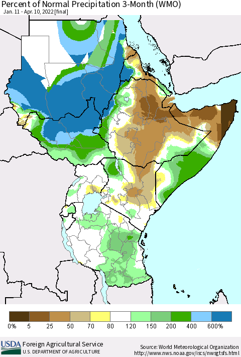 Eastern Africa Percent of Normal Precipitation 3-Month (WMO) Thematic Map For 1/11/2022 - 4/10/2022