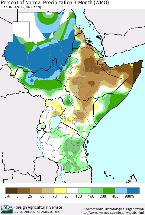 Eastern Africa Percent of Normal Precipitation 3-Month (WMO) Thematic Map For 1/16/2022 - 4/15/2022