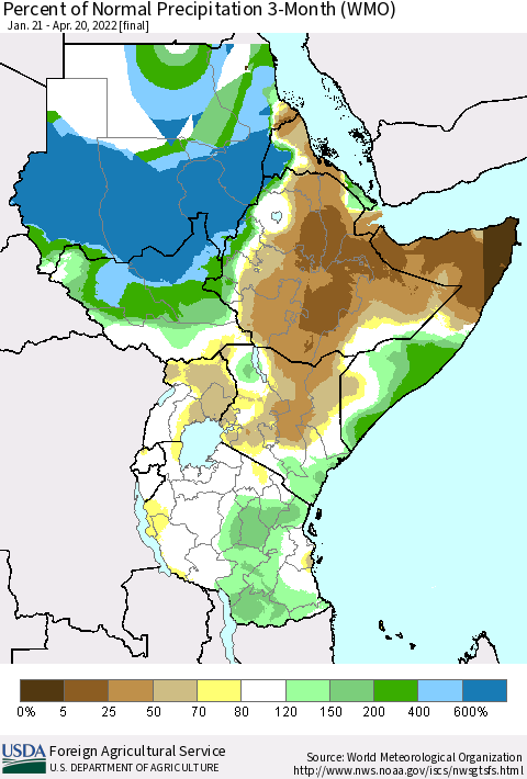 Eastern Africa Percent of Normal Precipitation 3-Month (WMO) Thematic Map For 1/21/2022 - 4/20/2022