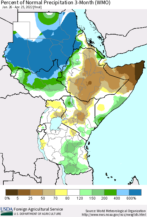 Eastern Africa Percent of Normal Precipitation 3-Month (WMO) Thematic Map For 1/26/2022 - 4/25/2022