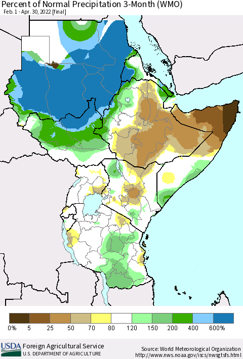 Eastern Africa Percent of Normal Precipitation 3-Month (WMO) Thematic Map For 2/1/2022 - 4/30/2022