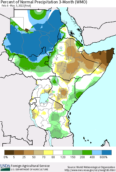 Eastern Africa Percent of Normal Precipitation 3-Month (WMO) Thematic Map For 2/6/2022 - 5/5/2022