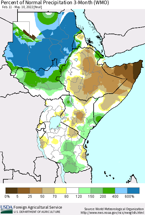 Eastern Africa Percent of Normal Precipitation 3-Month (WMO) Thematic Map For 2/11/2022 - 5/10/2022