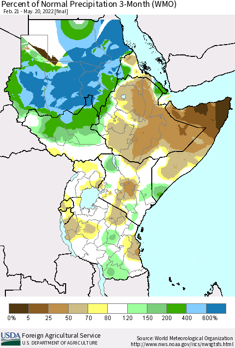 Eastern Africa Percent of Normal Precipitation 3-Month (WMO) Thematic Map For 2/21/2022 - 5/20/2022