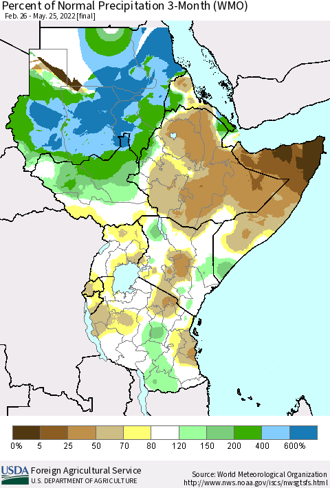 Eastern Africa Percent of Normal Precipitation 3-Month (WMO) Thematic Map For 2/26/2022 - 5/25/2022