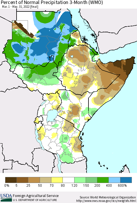 Eastern Africa Percent of Normal Precipitation 3-Month (WMO) Thematic Map For 3/1/2022 - 5/31/2022