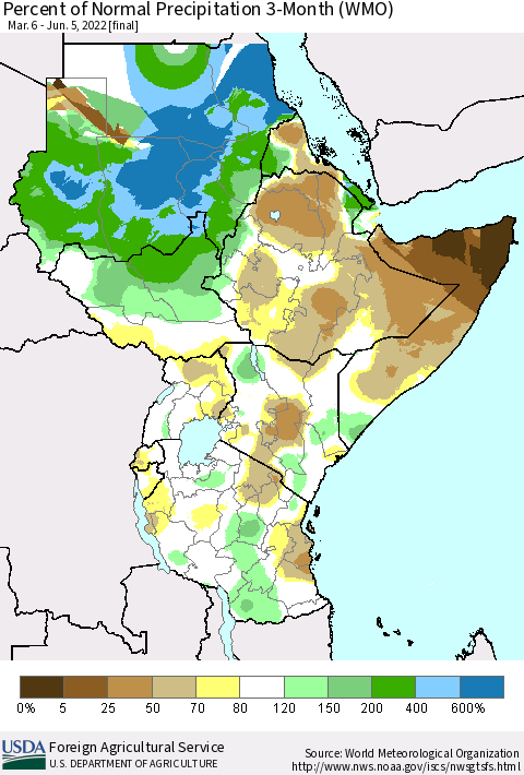 Eastern Africa Percent of Normal Precipitation 3-Month (WMO) Thematic Map For 3/6/2022 - 6/5/2022