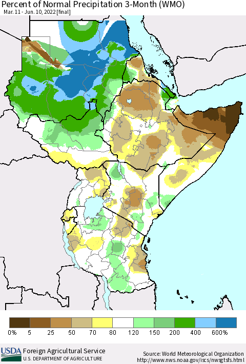 Eastern Africa Percent of Normal Precipitation 3-Month (WMO) Thematic Map For 3/11/2022 - 6/10/2022