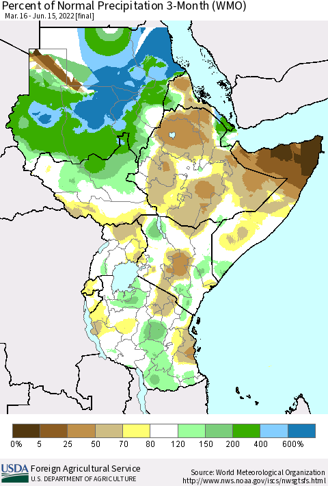 Eastern Africa Percent of Normal Precipitation 3-Month (WMO) Thematic Map For 3/16/2022 - 6/15/2022