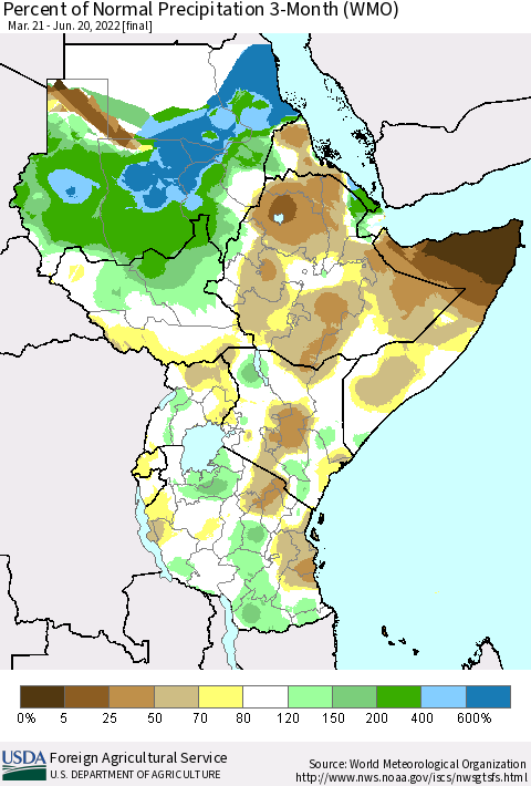 Eastern Africa Percent of Normal Precipitation 3-Month (WMO) Thematic Map For 3/21/2022 - 6/20/2022