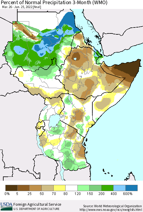 Eastern Africa Percent of Normal Precipitation 3-Month (WMO) Thematic Map For 3/26/2022 - 6/25/2022