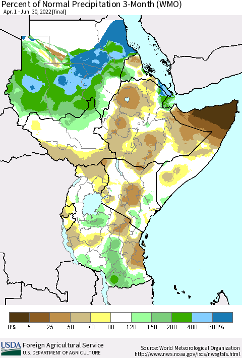Eastern Africa Percent of Normal Precipitation 3-Month (WMO) Thematic Map For 4/1/2022 - 6/30/2022