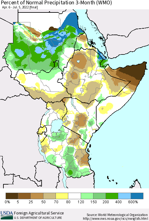 Eastern Africa Percent of Normal Precipitation 3-Month (WMO) Thematic Map For 4/6/2022 - 7/5/2022