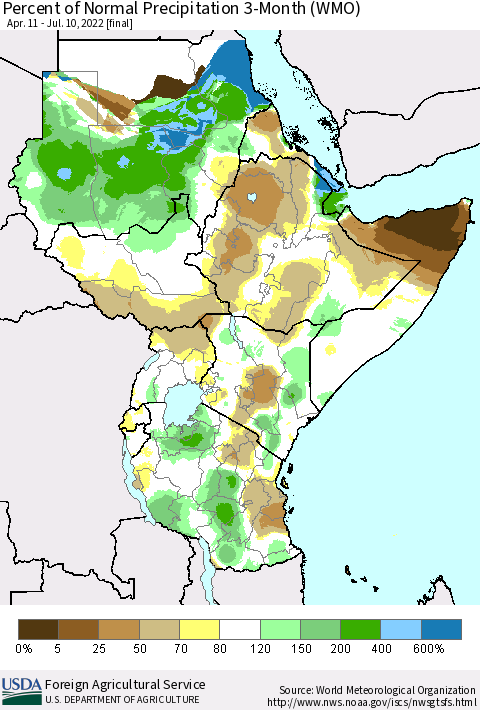 Eastern Africa Percent of Normal Precipitation 3-Month (WMO) Thematic Map For 4/11/2022 - 7/10/2022