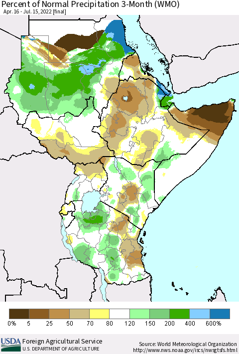 Eastern Africa Percent of Normal Precipitation 3-Month (WMO) Thematic Map For 4/16/2022 - 7/15/2022