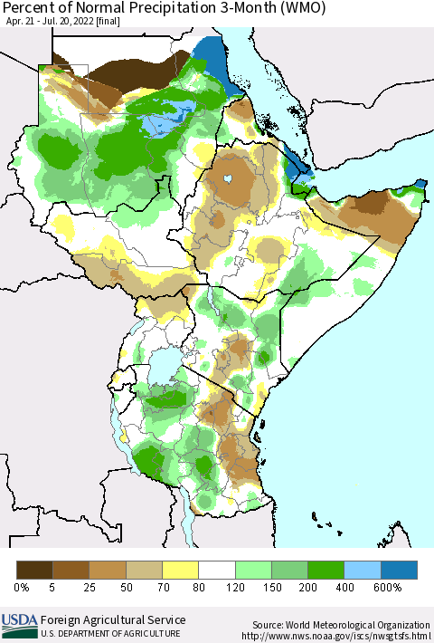 Eastern Africa Percent of Normal Precipitation 3-Month (WMO) Thematic Map For 4/21/2022 - 7/20/2022