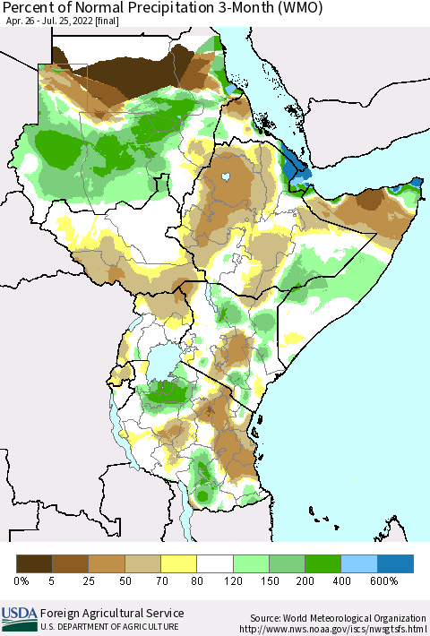 Eastern Africa Percent of Normal Precipitation 3-Month (WMO) Thematic Map For 4/26/2022 - 7/25/2022