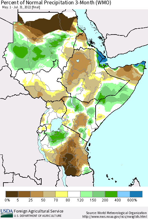 Eastern Africa Percent of Normal Precipitation 3-Month (WMO) Thematic Map For 5/1/2022 - 7/31/2022