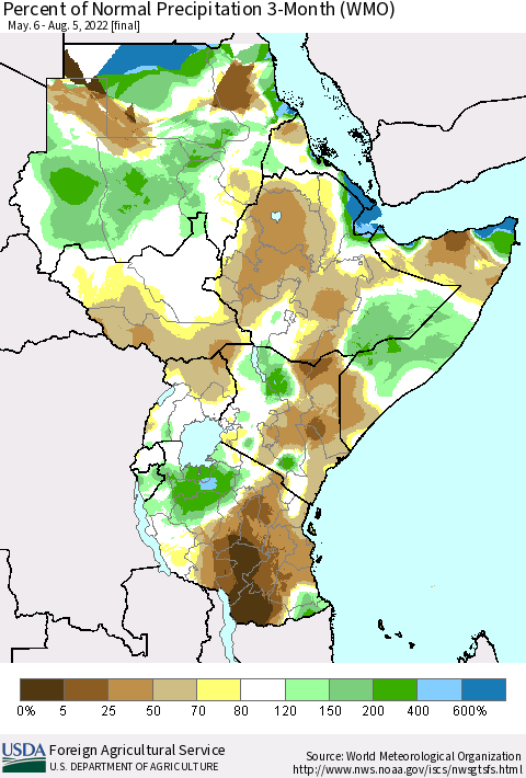 Eastern Africa Percent of Normal Precipitation 3-Month (WMO) Thematic Map For 5/6/2022 - 8/5/2022
