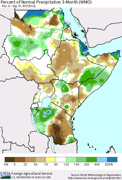 Eastern Africa Percent of Normal Precipitation 3-Month (WMO) Thematic Map For 5/11/2022 - 8/10/2022