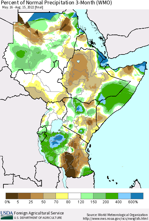 Eastern Africa Percent of Normal Precipitation 3-Month (WMO) Thematic Map For 5/16/2022 - 8/15/2022