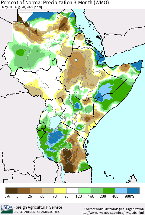 Eastern Africa Percent of Normal Precipitation 3-Month (WMO) Thematic Map For 5/21/2022 - 8/20/2022
