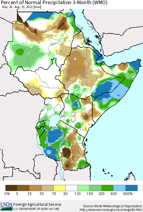 Eastern Africa Percent of Normal Precipitation 3-Month (WMO) Thematic Map For 5/26/2022 - 8/25/2022
