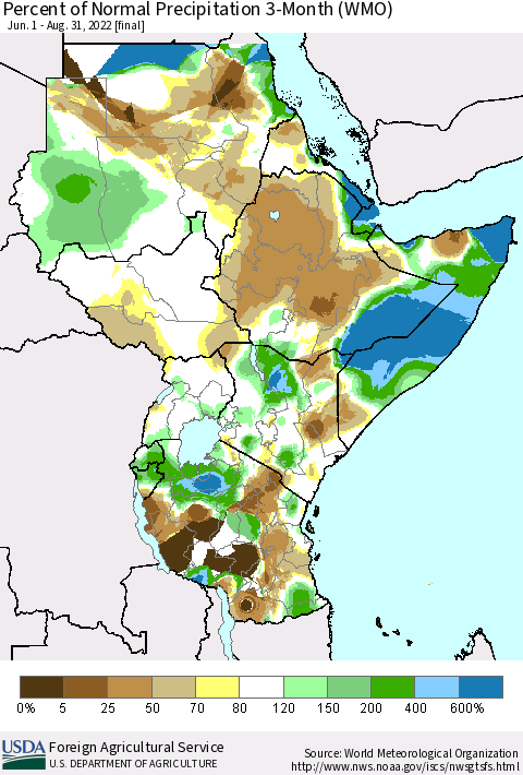 Eastern Africa Percent of Normal Precipitation 3-Month (WMO) Thematic Map For 6/1/2022 - 8/31/2022