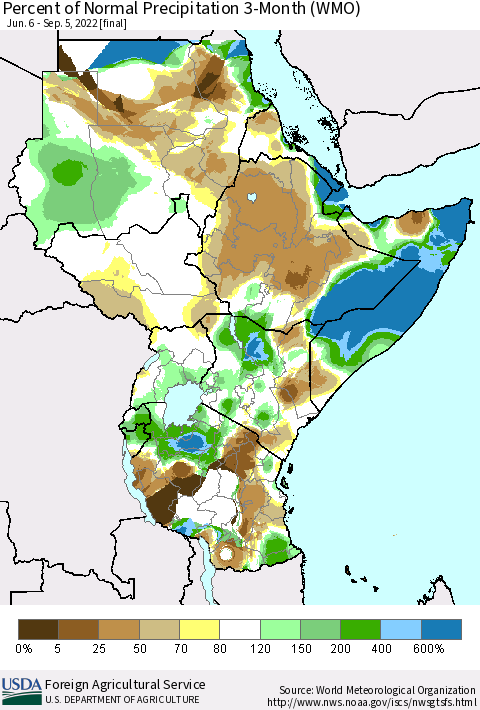 Eastern Africa Percent of Normal Precipitation 3-Month (WMO) Thematic Map For 6/6/2022 - 9/5/2022