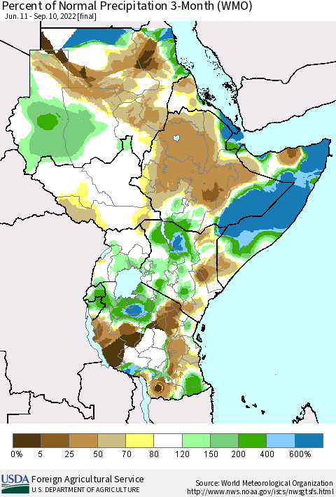 Eastern Africa Percent of Normal Precipitation 3-Month (WMO) Thematic Map For 6/11/2022 - 9/10/2022