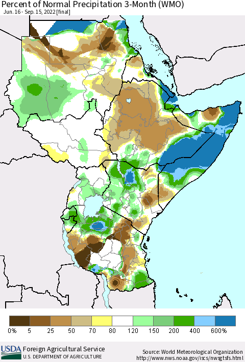 Eastern Africa Percent of Normal Precipitation 3-Month (WMO) Thematic Map For 6/16/2022 - 9/15/2022