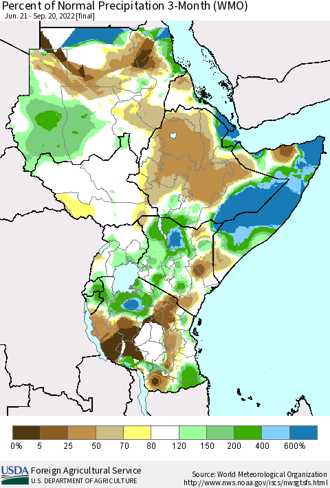 Eastern Africa Percent of Normal Precipitation 3-Month (WMO) Thematic Map For 6/21/2022 - 9/20/2022