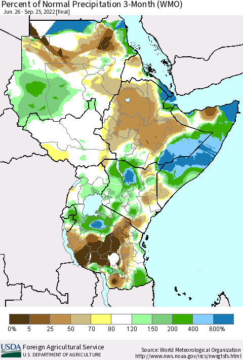 Eastern Africa Percent of Normal Precipitation 3-Month (WMO) Thematic Map For 6/26/2022 - 9/25/2022