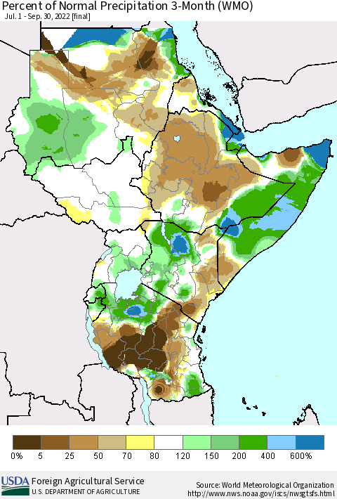 Eastern Africa Percent of Normal Precipitation 3-Month (WMO) Thematic Map For 7/1/2022 - 9/30/2022
