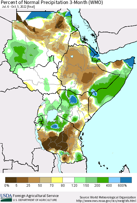 Eastern Africa Percent of Normal Precipitation 3-Month (WMO) Thematic Map For 7/6/2022 - 10/5/2022