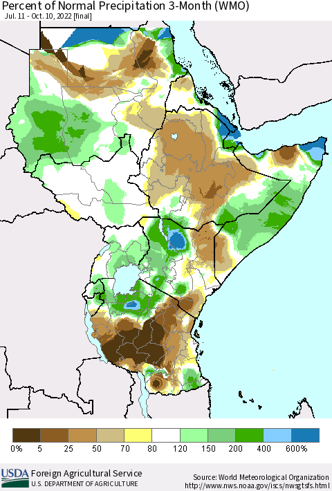 Eastern Africa Percent of Normal Precipitation 3-Month (WMO) Thematic Map For 7/11/2022 - 10/10/2022
