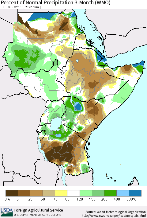 Eastern Africa Percent of Normal Precipitation 3-Month (WMO) Thematic Map For 7/16/2022 - 10/15/2022