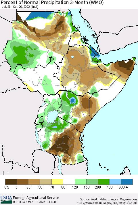 Eastern Africa Percent of Normal Precipitation 3-Month (WMO) Thematic Map For 7/21/2022 - 10/20/2022