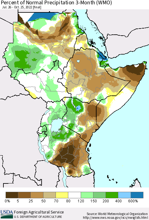 Eastern Africa Percent of Normal Precipitation 3-Month (WMO) Thematic Map For 7/26/2022 - 10/25/2022