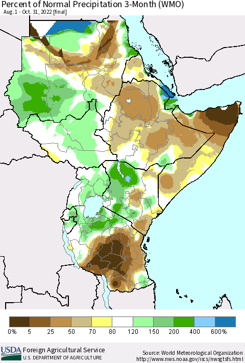 Eastern Africa Percent of Normal Precipitation 3-Month (WMO) Thematic Map For 8/1/2022 - 10/31/2022