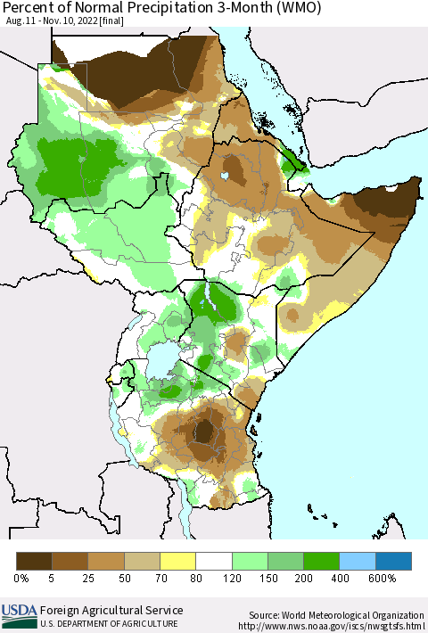 Eastern Africa Percent of Normal Precipitation 3-Month (WMO) Thematic Map For 8/11/2022 - 11/10/2022