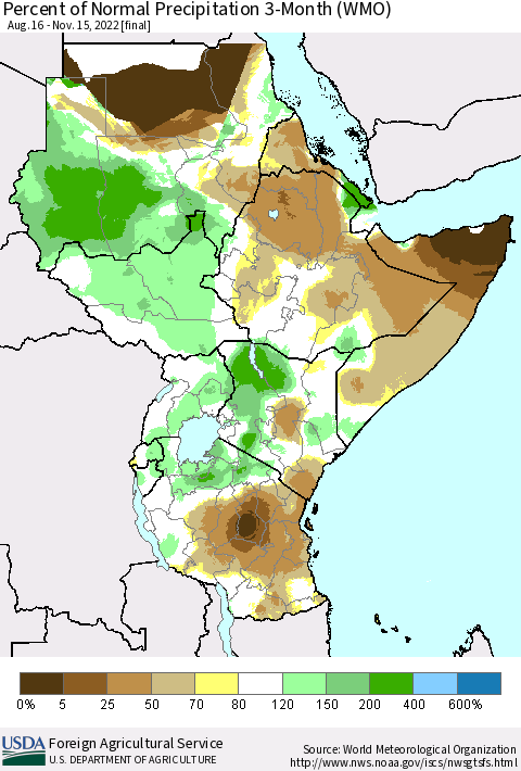 Eastern Africa Percent of Normal Precipitation 3-Month (WMO) Thematic Map For 8/16/2022 - 11/15/2022