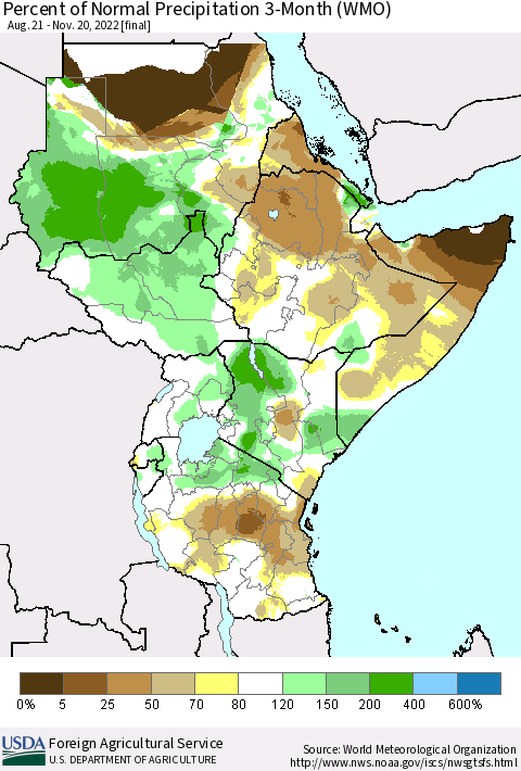 Eastern Africa Percent of Normal Precipitation 3-Month (WMO) Thematic Map For 8/21/2022 - 11/20/2022