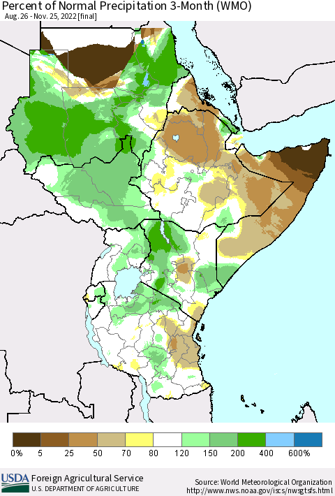 Eastern Africa Percent of Normal Precipitation 3-Month (WMO) Thematic Map For 8/26/2022 - 11/25/2022