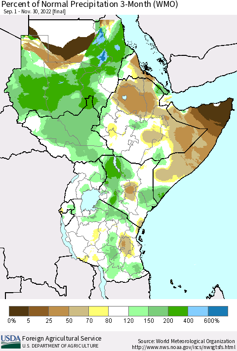 Eastern Africa Percent of Normal Precipitation 3-Month (WMO) Thematic Map For 9/1/2022 - 11/30/2022
